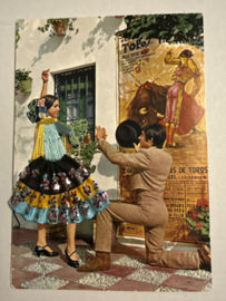 Geborduurde souvenir kaarten | Spanje | Blauw | Flamenco dansers - glitter stoffen rokje