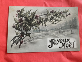 Kerstkaarten | Winterlandschappen | Joyeux Noël weg in de sneeuw met hulsttakken uit 1912