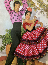 VERKOCHT | Spanje | Kaarten | ROOD-POLKA DOTS | Geborduurde kaart flamenco dansers  (stoffen rokje )