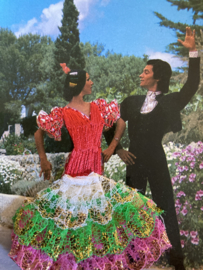 Spanje | Kaarten | WIT-GROEN-LILA | Geborduurde kaart flamenco dansers  (stoffen rokje )