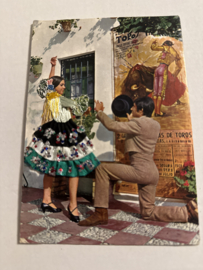 Geborduurde souvenir kaarten | Spanje | Zwart | Flamenco dansers - stoffen rokje met glitters