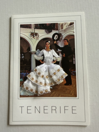 VERKOCHT | Geborduurde souvenir kaarten | Spanje | Wit | Tenerife Flamenco dansers - stoffen rokje met glitters en kant - dubbele kaart
