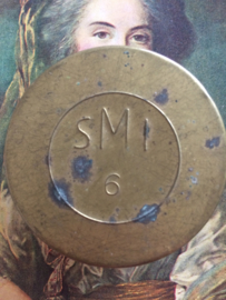 Small round gold colored tin with pin "SMI 6" toy storage  Sacramental bread box with "SMI 6" 1935