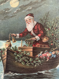 Kerstkaarten | Victoriaanse stijl  blanco kerstkaart of cadeau label 'Joyeux Noël' | Kerstman in boot met hulst