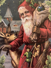 Kerstkaarten | Kerstmannen | Nieuwe blanco kerstkaart of cadeau label 'Christmas Greetings' | Kerstman met hert bij kerkje
