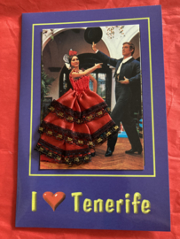 VERKOCHT | Geborduurde souvenir kaarten | Spanje | Rood | Tenerife - Dubbele kaart I love Tenerife - met zwart kant Spaanse stoffen rokje kaart flamenco danseres
