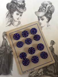 VERKOCHT | Knopen | Jugendstil | Blauw | Antieke knopenkaartje vol met 12 prachtige antieke knopen |  glas | Antiek | 1890-1910