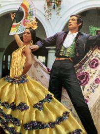 Spanje | Kaarten | GEEL | Geborduurde kaart flamenco dansers met geel en glitter rokje