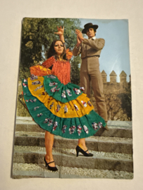 Geborduurde souvenir kaarten | Spanje | Groen | Flamenco dansers - stoffen rokje met glitters