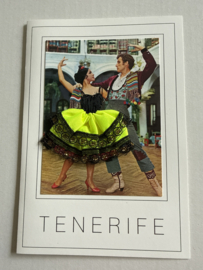 Geborduurde souvenir kaarten | Spanje | Geel | Tenerife Flamenco dansers - stoffen rokje met glitters en kant - dubbele kaart