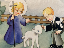 België | Kaarten | Communiekaart | Colorprint Special nr. 1599 | jongetje met een lammetje en  een engeltje met een kruis