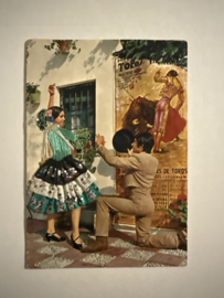 Geborduurde souvenir kaarten | Spanje | Zwart | Geborduurde kaart flamenco dansers met zwart, wit, groen en glitter rokje