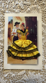 Geborduurde souvenir kaarten | Spanje | Geel | Stoffen rokje met zwart kant - paartje flamenco dansers