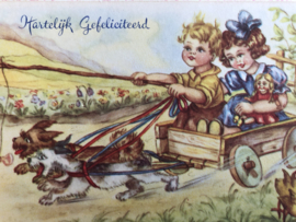 Briefkaarten | Nederland | Kinderen | Hartelijk gefeliciteerd - Kinderen in een karretje met diertjes