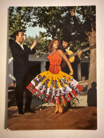 Geborduurde souvenir kaarten | Spanje | Geel | Geborduurde kaart flamenco dansers met geel, wit, rood en glitter rokje