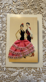 Geborduurde souvenir kaarten | Spanje | Rood | Stoffen rokje - paartje flamenco dansers