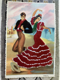 VERKOCHT | Geborduurde souvenir kaarten | Spanje - Soberanas | Rood | Tarjeta Postal ZAMBRA - Vintage geborduurde jaren kartelrand '50 ansichtkaart Spaanse flamenco dansers ELSIE GUMIER