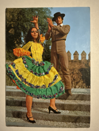 Geborduurde souvenir kaarten | Spanje | Groen | Flamenco dansers - stoffen rokje met glitters
