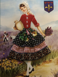 Frankrijk | Kaarten | PROVENCE | Elsie - Elsy Gumier | Geborduurde kaart  " Sous le ciel de Provence" : vrouw in kostuum ‘60-70s