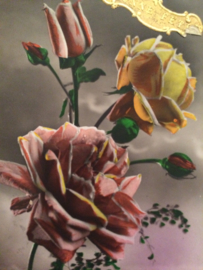 Kerstkaarten | Rozen | Fotochroom 'Ketty 359' rozen met gouden stickertje Bonne Annee - 1920