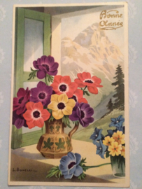 Briefkaarten | Bloemen | Anemonen | 1930 - Kunstenaar S. Bonneli: Vaas met bloemen in berglandschap