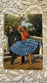 Geborduurde souvenir kaarten | Spanje | Blauw | Flamenco dansers - glitter stoffen rokje