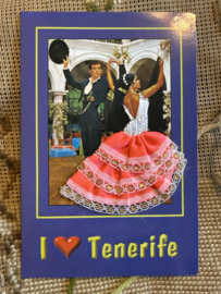 Geborduurde souvenir kaarten | Spanje | Roze | I ❤️ Tenerife: Spaanse stoffen rokje dubbele kaart flamenco danseres
