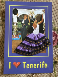 Geborduurde souvenir kaarten | Spanje | Paars | Tenerife - Dubbele kaart I ❤️ Tenerife - Spaanse stoffen rokje kaart flamenco dansers