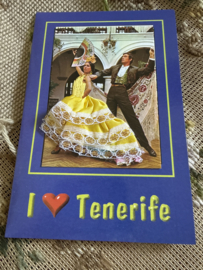 Geborduurde souvenir kaarten | Spanje | Geel | Tenerife - Dubbele kaart I ❤️ Tenerife - Spaanse stoffen rokje kaart flamenco dansers