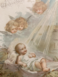 Kerstkaarten | Religie | Fröliche Weihnachten - Engeltjes en kindje Jezus in een krib