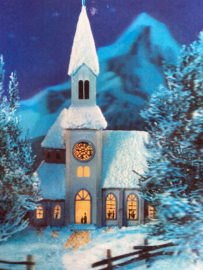 Kerstkaarten | Sneeuwlandschappen | 3D- vintage Winterlandschap met sneeuw en kerkje - '70s