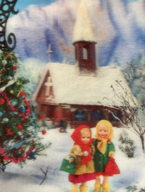 Kerstmis  | 3D- vintage ansichtkaart - Winterlandschap met twee meisjes bij kerk - '60s