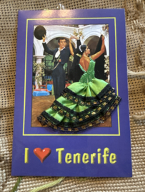 Geborduurde souvenir kaarten | Spanje | Groen | Tenerife - Dubbele kaart I ❤️ Tenerife - Spaanse stoffen rokje kaart flamenco dansers