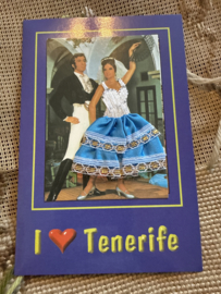 Geborduurde souvenir kaarten | Spanje | Blauw | I ❤️ Tenerife dubbele kaart Spaanse stoffen rokje kaart flamenco danseres
