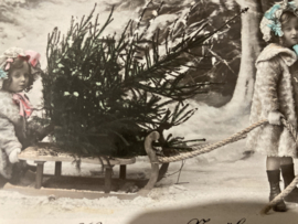 Kerstkaarten | Kinderen | Hereux Noël - Kinderen met slee en kerstboom in winterlandschap