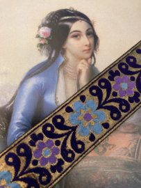 Sierband | Blauw | 2 cm - Brokaat met blauwe en lila bloemmotief