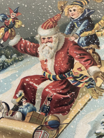 Kerstkaarten | Kerstmannen | Nieuwe blanco kerstkaart of cadeau label 'A Merry Christmas' | Kerstman met arrenslee glijdt van de berg
