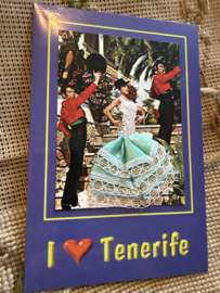 Geborduurde souvenir kaarten | Spanje | Groen | Tenerife - Dubbele kaart I ❤️ Tenerife - Spaanse stoffen rokje kaart flamenco dansers