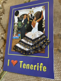 Geborduurde souvenir kaarten | Spanje | Wit | Tenerife - Dubbele kaart I ❤️ Tenerife - Spaanse stoffen rokje kaart flamenco dansers