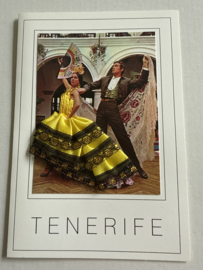Geborduurde souvenir kaarten | Spanje | Geel | Tenerife Flamenco dansers - stoffen rokje met glitters en kant - dubbele kaart
