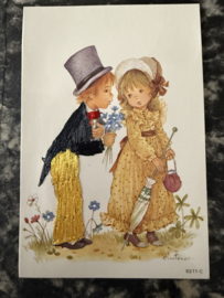 Geborduurde kaarten | PRAT SPAIN no. 6211-C: ' Constanza' Jongen met bloemen en meisje met paraplu