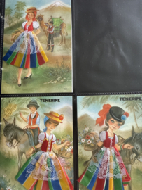 VERKOCHT | Souvenir kaarten | Spanje | Gemengd | Set van drie verschillende Tenerife ansichtkaarten meisje met kanten rokje en ezel