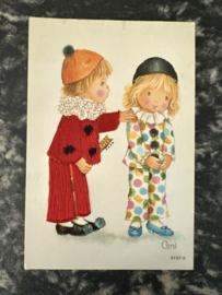 Geborduurde kaarten | PRAT SPAIN no. 6197-B: 'Coni' Jongen en meisje in clown kostuum