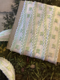 Broderie | Groen | 2 cm x 50 cm - Vintage sierband met witte ondergrond en mintgroene bloemen
