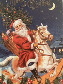 Kerstkaarten | Victoriaanse stijl  blanco kerstkaart of cadeau label 'Merry Christmas' | Kerstman op een vliegend paard