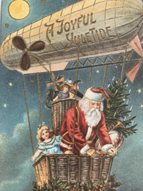 Kerstkaarten | Victoriaanse stijl  blanco kerstkaart of cadeau label 'A Joyful Juletide' | Kerstman in Zeppelin