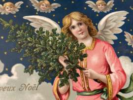 Kerstkaarten | Engelen | Joyeux Noël - Engel met kersttak (Victoriaans)