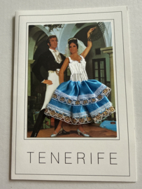 Geborduurde souvenir kaarten | Spanje | Blauw | Tenerife Flamenco dansers - stoffen rokje met glitters zwart kant - dubbele kaart