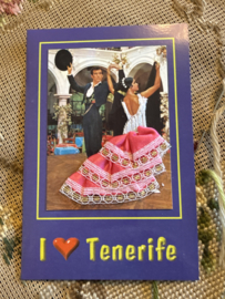 Geborduurde souvenir kaarten | Spanje | Roze | Tenerife - Dubbele kaart I ❤️ Tenerife - met wit kant Spaanse stoffen rokje kaart flamenco danseres