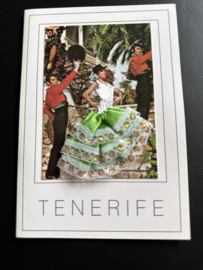 Geborduurde souvenir kaarten | Spanje | Groen | Tenerife Flamenco dansers - stoffen rokje met glitters en kant - dubbele kaart